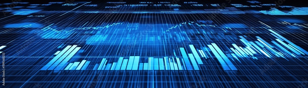 Poster abstract background displays vibrant financial indicators and bar charts, set against a smooth blue 