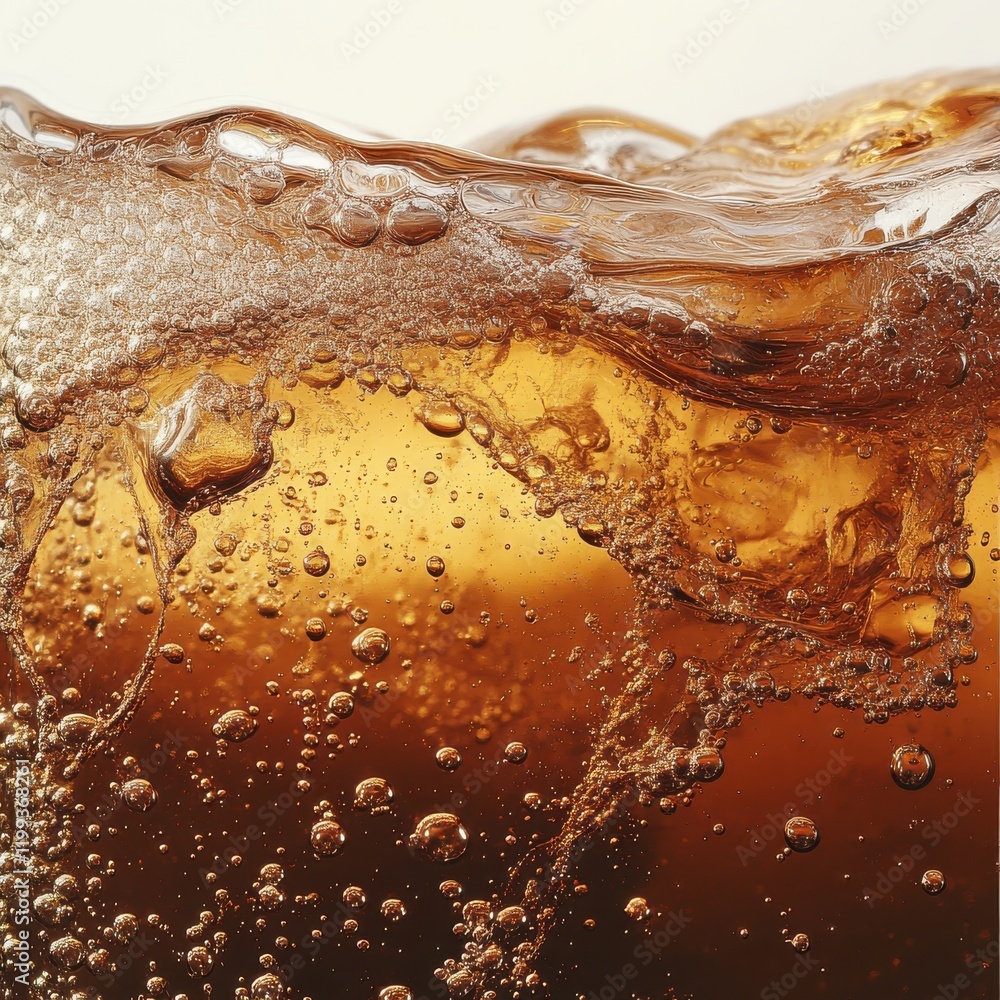 Poster close-up view of bubbles and foam in a refreshing carbonated drink, capturing the texture and moveme