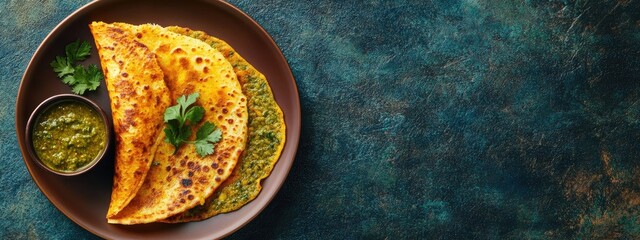 Dosa with Chutney on Dark Brown Plate, Top Angle Healthy Lunch, Empty Space
