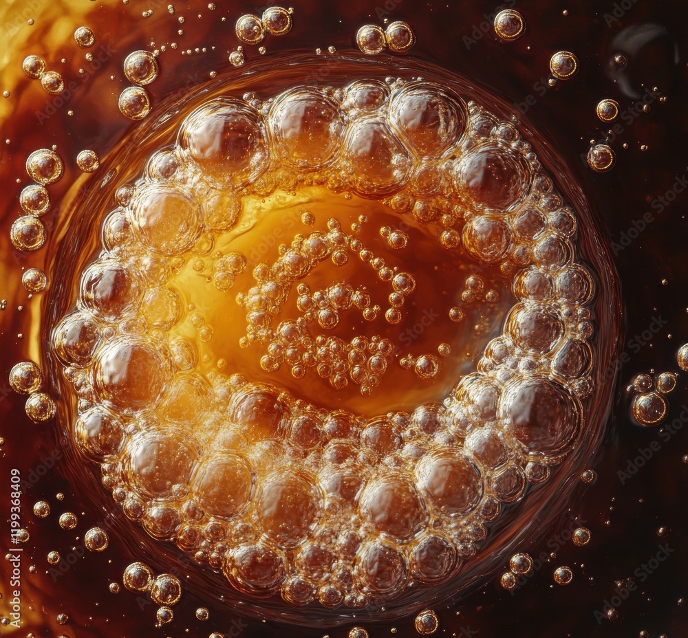 Poster close-up view of bubbles rising in a carbonated beverage with a swirling pattern creating a unique v