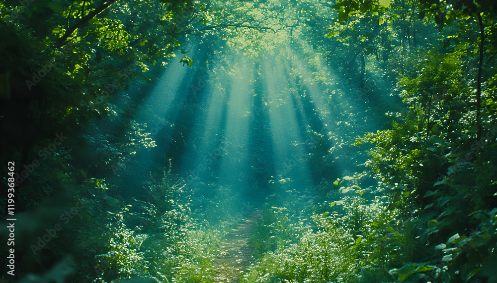 Poster sunbeams illuminate a mystical forest path, creating a serene and enchanting atmosphere. perfect for