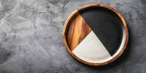 Fototapeta premium Ceramic plate with geometric black and white design on wooden frame on textured gray surface with empty space for customization.
