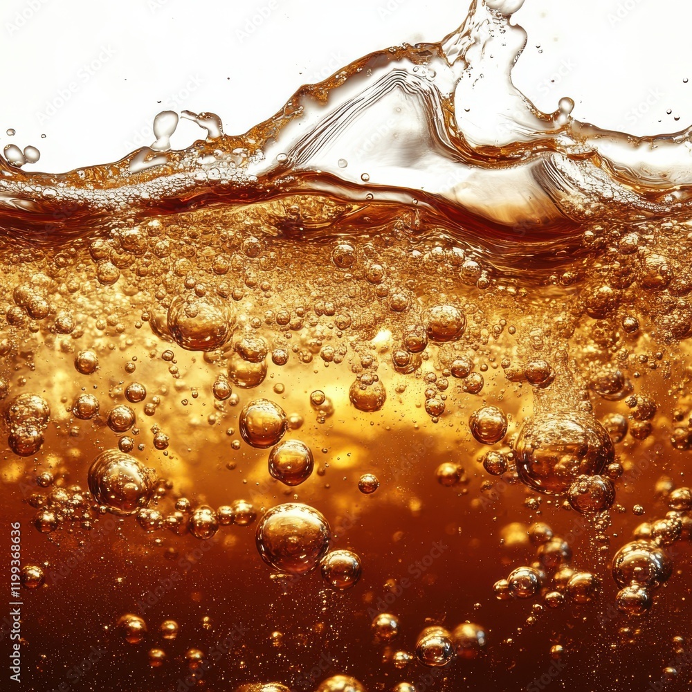 Poster close-up view of bubbles rising in dark brown liquid creating a stunning textured surface with gleam