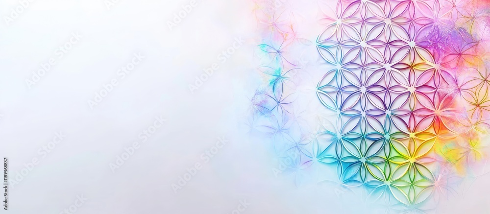 Poster colorful flower of life pattern in rainbow hues on white background with ample copy space for text a