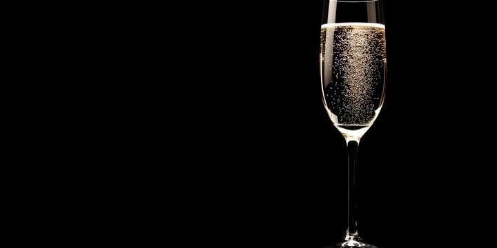 Champagne Glass with Bubbles Set Against a Dark Background, Soft Candlelight Reflections, Empty Space for Text and Captivating Event Atmosphere
