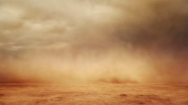 Desolate Desert Landscape with Swirling Red Dust Under Overcast Sky, Featuring Expansive Copy Space for Text at Horizon