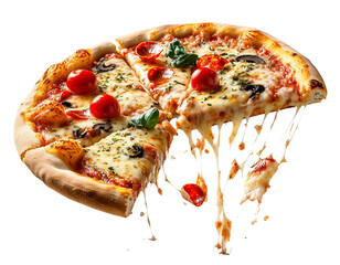 Deliciosa pizza caindo, isoladas em fundo transparente