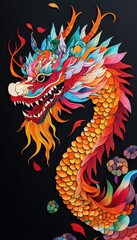 Chinese dragon, in the style of paper-cut art, against a black background, with bright, colorful scales and exquisite details, including the eyes and expressions.