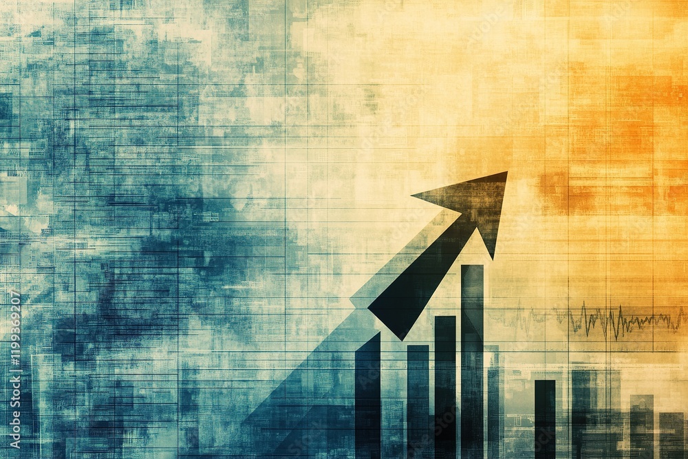 Poster dynamic abstract finance background features an upward arrow symbolizing growth against a textured f