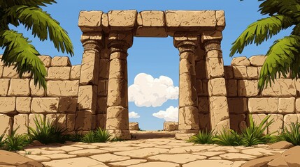 Obraz premium Ancient Stone Archway Surrounded by Palm Trees and Blue Sky