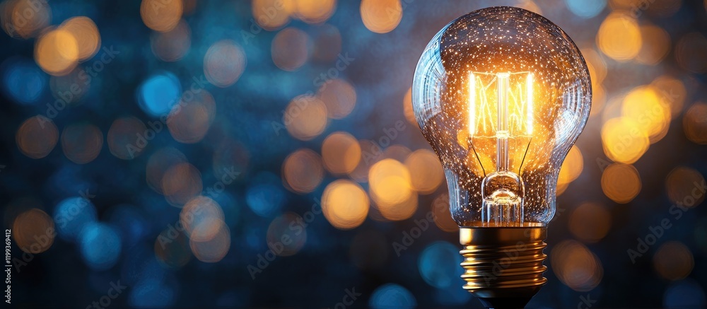 Poster bright led light bulb glowing against a blurred blue and gold bokeh background with copy space for e