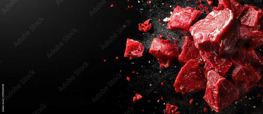 Aufkleber dynamic splash of vibrant red meat fragments against a deep black background with professional light