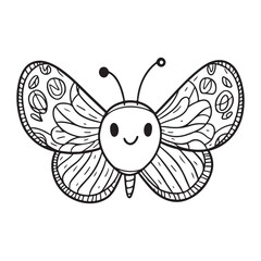 A cute cartoon butterfly with a smiling face and intricately patterned wings, perfect for coloring