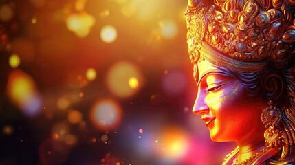 Fototapeta premium Artistic rendering of a revered Hindu deity, depicted with golden ornaments and a serene expression.