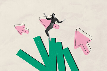 3D collage trend artwork composite sketch poster of young woman stand balance platfrom arrow...