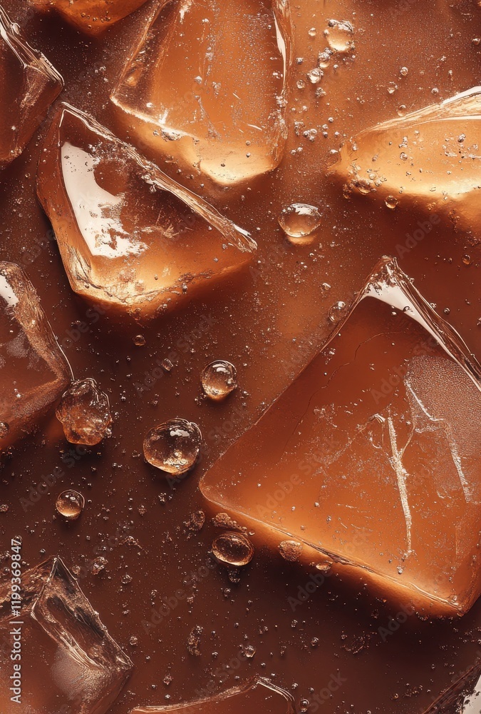 Poster close-up view of melted chocolate and ice cubes with water droplets reflecting light on a smooth sur