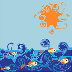 Flat cartoon children  vector illustration with sea waves, fish, sun. Vector illustration. Cute baby picture. Landscape for banner, wall decoration, card, poster, t-shirt, cover. 