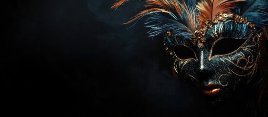 Elegant feathered masquerade mask featuring vibrant blue and orange plumes set against a dramatic black background with ample copyspace.