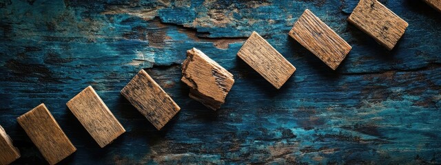 Domino Effect Illustration of Financial Decline with Wooden Dominoes on Textured Blue Background and Empty Copy Space for Business Concepts
