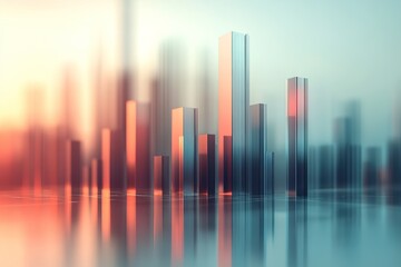 A 3D bar chart shaped like skyscrapers illustrates real estate growth. The abstract design features a clean, neutral backdrop, offering ample space for informative text