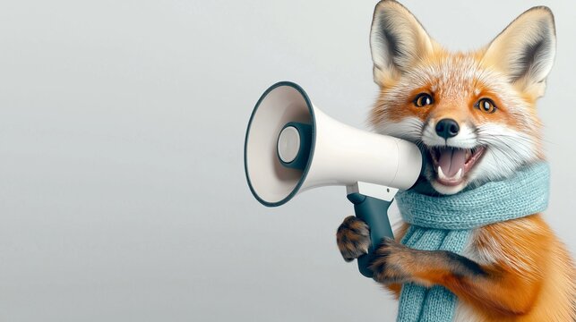 A clever fox wearing a stylish blue scarf, joyfully holding a megaphone with a playful expression, speaks loudly into a microphone, promotion, sale and discounts, message and important information