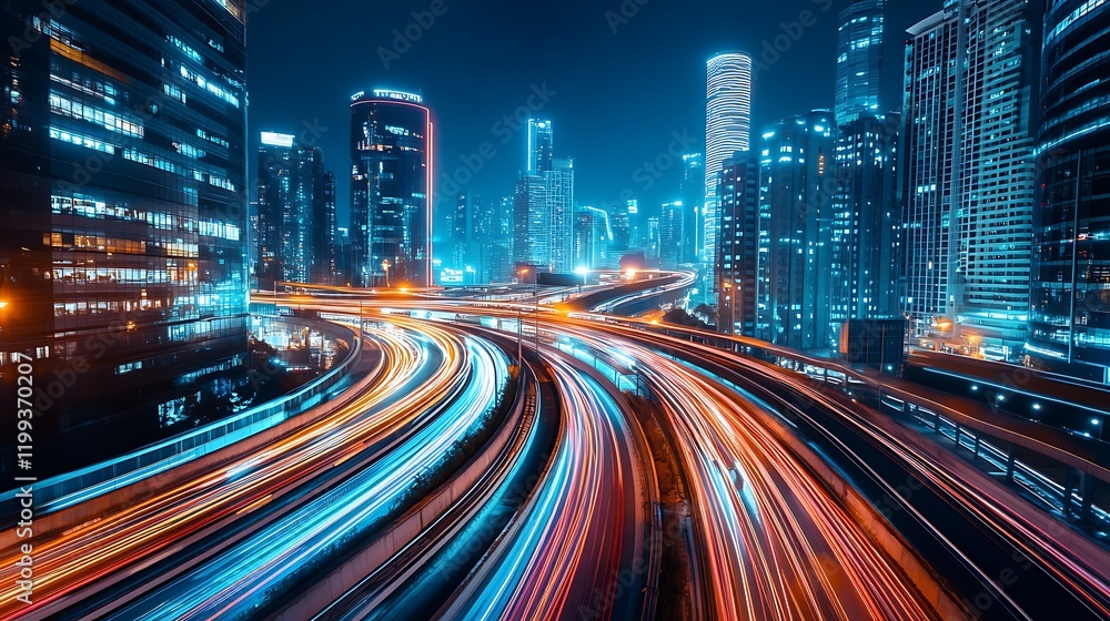 Wall mural quantum pipe at the center of a futuristic cityscape with light trails and neon lights creating a dy