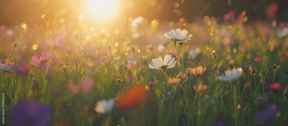 Poster vibrant flower meadow displaying motion blur in soft pastel colors at sunset with golden light and a