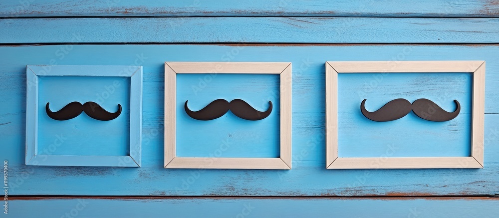 Poster empty picture frames with black mustaches on blue wooden surface background ideal for text display a