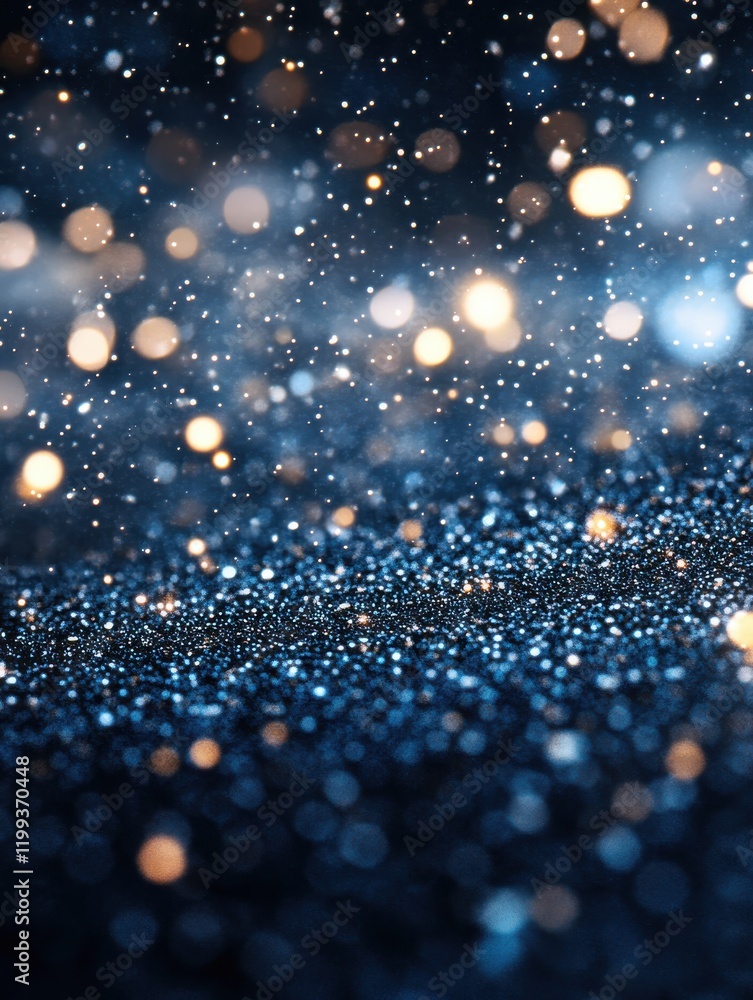 Poster close-up view of sparkling blue glitter and blurred light effects creating a dreamy background for c
