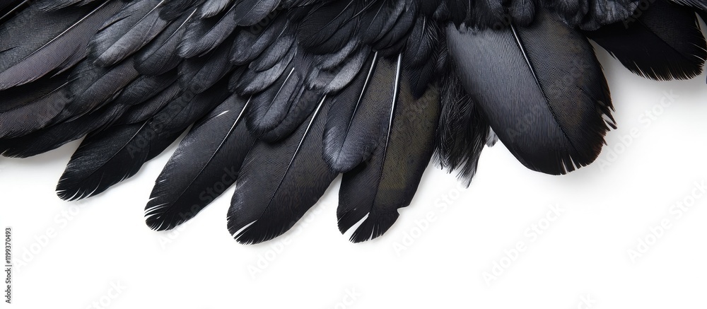 Poster close up of black ruffled chicken feathers isolated on white background with soft texture and empty 
