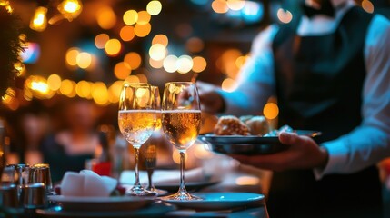 Elegant waiter serving shimmering champagne glasses and gourmet appetizers under golden festive lights in a vibrant nightclub atmosphere with blurred joyful guests.