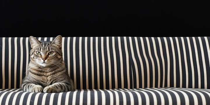 Elegant tabby cat lounging on a black and cream striped sofa with ample empty space for text and a calm indoor ambiance.