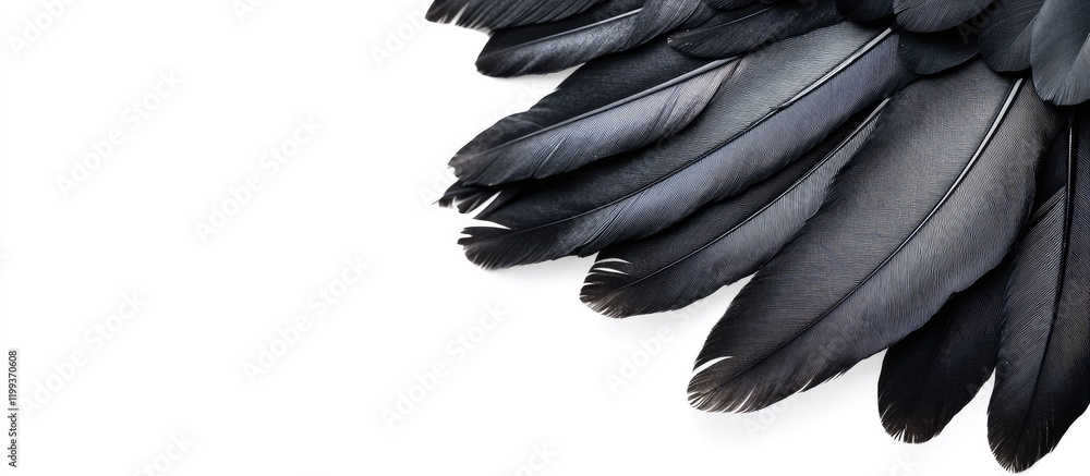 Poster black ruffled chicken feathers isolated on white background close up with empty copyspace for text e