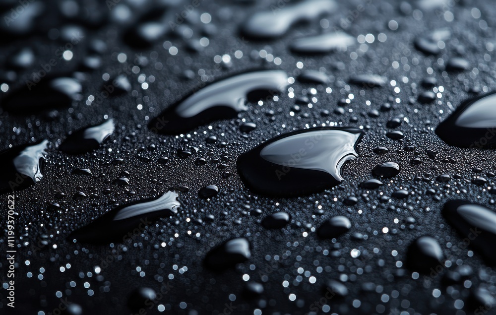Poster close-up view of water drops on black surface showcasing reflection and texture in a dark and atmosp