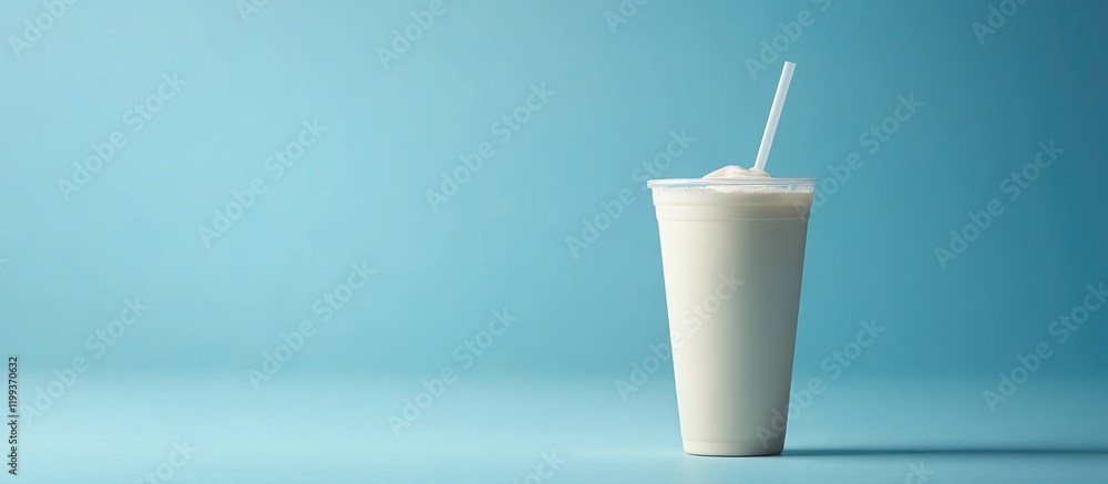 Poster refreshing green smoothie in white cup against soft blue background with empty copy space for text a