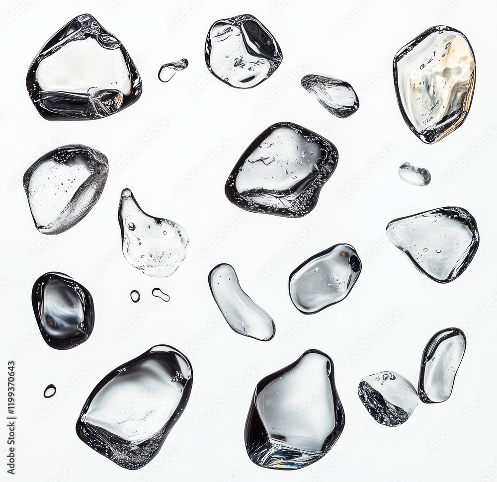 Aufkleber collection of clear transparent water droplets and ice cubes on a white background with varying shap