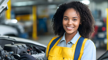 Female mechanic fixing an engine, with a soft gray backdrop