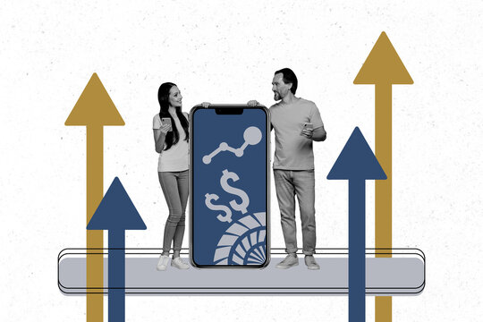 Composite trend artwork 3D sketch image photo collage of money dollar business usd arrow up stats smartphone display man lady stand talk