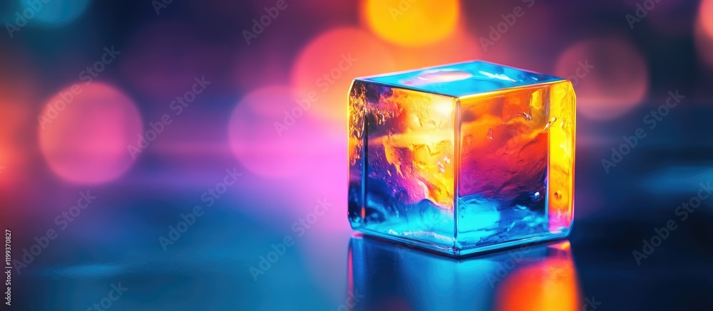 Poster amber energy cube reflecting blue and multicolored light on glossy surface with bokeh background and