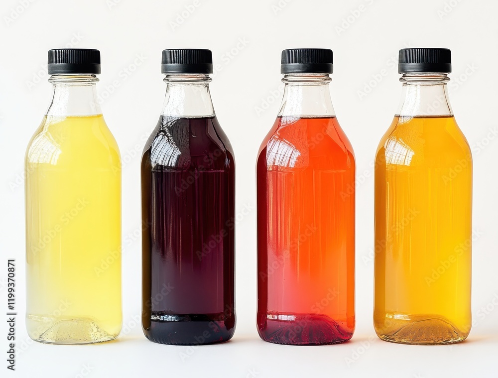 Poster collection of transparent bottles filled with various colored beverages displayed against a neutral 