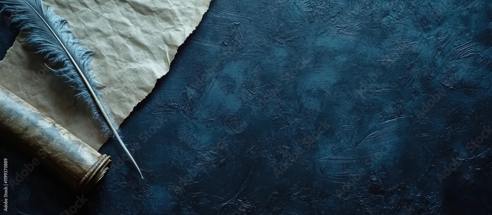 Aufkleber elegant feather quill and aged parchment on textured dark blue surface with ample empty copyspace fo