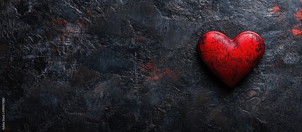Poster Red Heart Against Textured Black Background with Ample Copy Space for Father's Day Message in Overhead View Arrangement