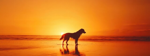 Golden retriever silhouette on tranquil beach at sunset with vibrant orange sky reflecting over calm sea and empty space for text