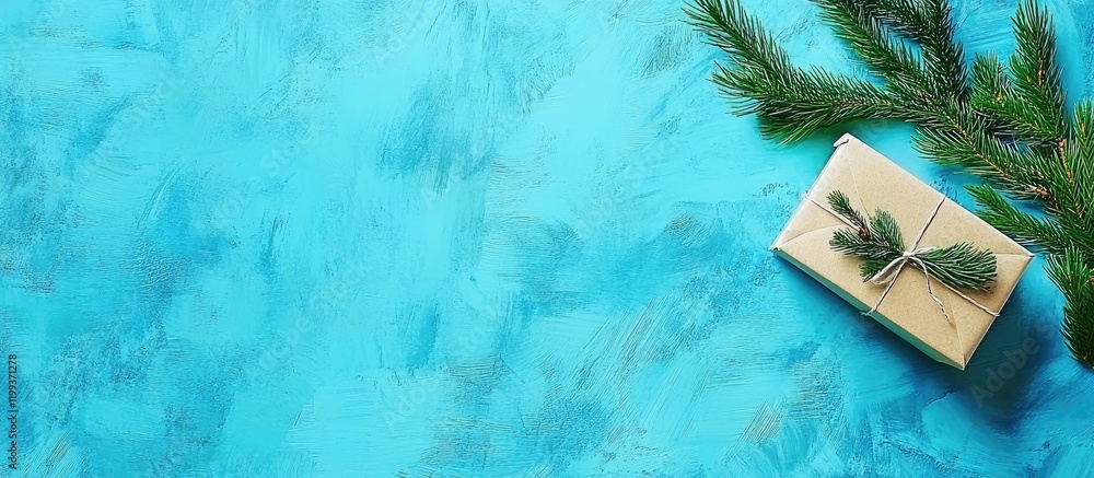 Poster gift box and fir tree branch on turquoise rustic table for father's day greeting card with empty spa