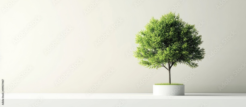 Poster modern minimalist interior showcasing a lush green potted tree on a clean white surface with ample e