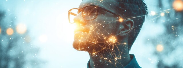 Double exposure portrait of a man with glasses and network lamp in blue tones representing Enterprise Resource Planning system with empty text space