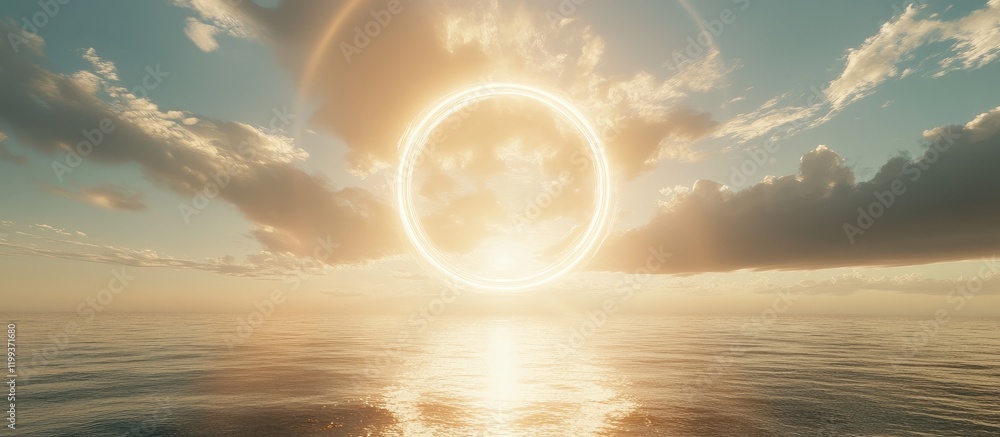 Poster morning sunlight illuminating calm ocean waves forming a circular pattern under a serene sky with so