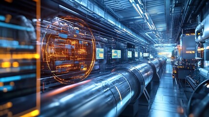 Fototapeta premium Quantum pipe in a high-tech chamber with floating displays and advanced machinery creating a dynamic scene