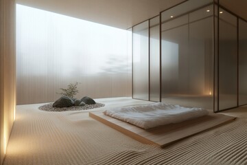 Minimalist Zen Bedroom Design With Sand Garden