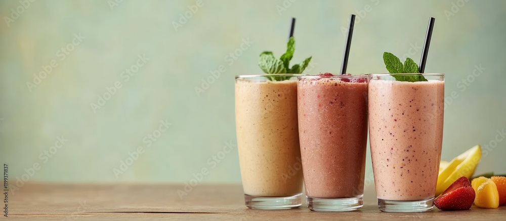 Poster nourishing colorful fruit and vegetable smoothies in glasses on rustic wooden table with soft green 